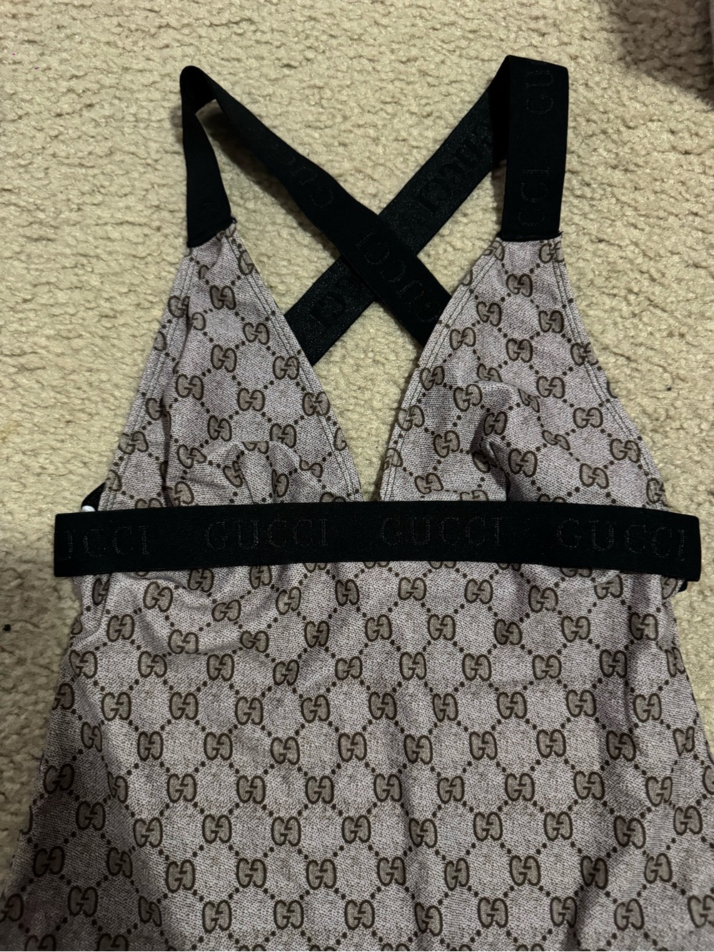 Gucci Brown Monogram One-Piece Swimsuit with Black Straps - Picture 2 of 4